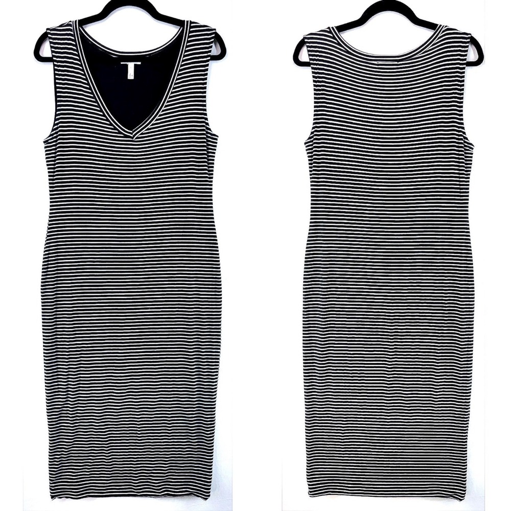 Leith Black White Striped Bodycon Midi Dress L Vneck Tank Fitted Knit Nautical